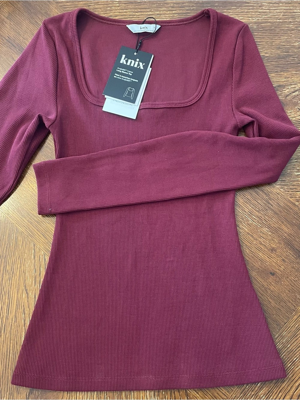 knix Women's Square Neck Ribbed Long Sleeve Top - cherry red size medium